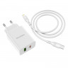 Сетевое зарядное устройство USB+USB-C выходы, PD18/20W Borofone BA56A Белое + Кабель USB-C - Lighting